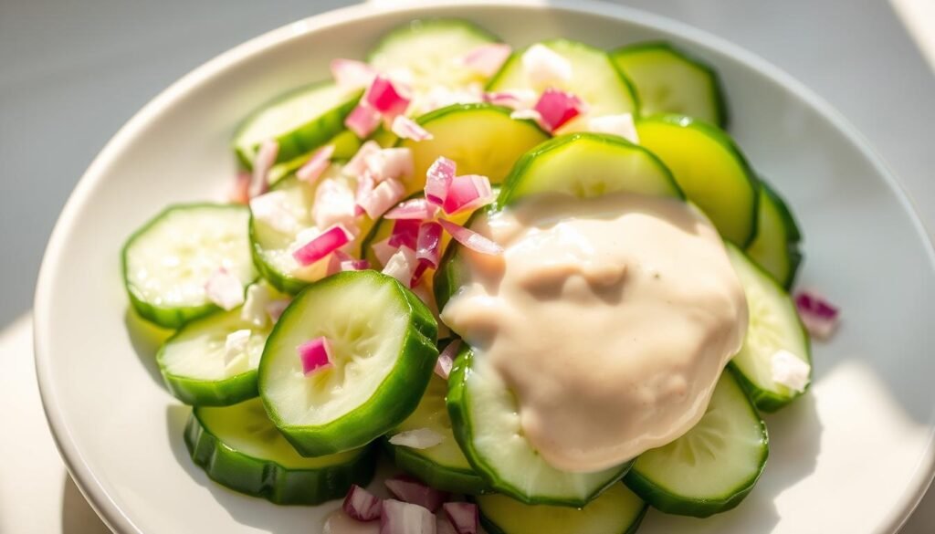 A crisp and refreshing classic cucumber salad with sliced cucumbers, diced red onions, and a tangy, creamy dressing. The ingredients are arranged artfully on a white ceramic plate, creating a pleasing, minimalist composition. Soft, natural lighting illuminates the salad, highlighting the vibrant green of the cucumbers and the delicate textures. The image has a clean, fresh, and inviting atmosphere, perfectly capturing the essence of a simple yet delightful cucumber salad.