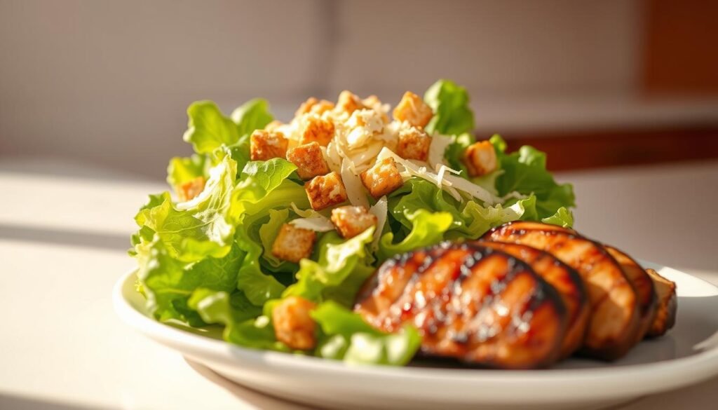 A crisp, refreshing Caesar salad takes center stage, its vibrant green romaine leaves adorned with shredded parmesan and crunchy croutons. In the foreground, a juicy grilled chicken breast or succulent seared steak slices add a hearty, protein-packed twist. The lighting is soft and natural, casting a warm glow over the scene. The background features a clean, minimalist kitchen counter or dining table, allowing the salad to shine as the main attraction. The overall mood is one of a satisfying, nutritious, and perfectly balanced main course, ready to be savored.