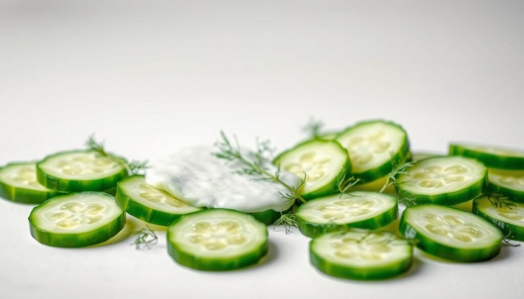 A crisp, vibrant cucumber salad set against a clean, minimalist backdrop. In the foreground, freshly sliced cucumbers, their emerald green skin glistening, arranged in an artful display. Scattered amidst the cucumbers are delicate sprigs of dill, their feathery fronds adding a touch of natural elegance. The middle ground features a drizzle of a light, creamy dressing, perhaps a tangy yogurt-based vinaigrette, which complements the cool, refreshing flavors. The background is a soft, subtle gradient, allowing the salad to take center stage and showcasing its simplicity and freshness. Soft, diffused lighting illuminates the scene, creating a serene, appetizing atmosphere. The overall composition evokes a sense of summer's bounty and the effortless delight of a cool, nourishing cucumber salad.