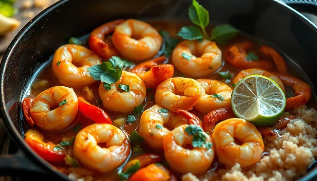 A delectable Caribbean shrimp scampi dish sizzling in a cast-iron skillet, with plump, succulent shrimp glistening in a rich, aromatic garlic-butter sauce. Vibrant bell peppers, onions, and fresh herbs add pops of color and flavor, while a squeeze of lime brightens the dish. The scene is bathed in warm, golden lighting, creating a cozy, inviting atmosphere. The shrimp sizzle as if freshly pulled from the stovetop, ready to be served over a bed of fluffy white rice or paired with crusty bread to soak up every last drop of the mouthwatering sauce.