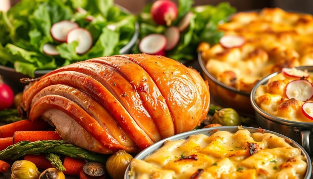 A delectable Easter side dish scene illuminated by soft, warm lighting. In the foreground, a golden-brown ham rests atop a bed of vibrant roasted vegetables, including tender asparagus, carrots, and Brussels sprouts. The middle ground features a creamy, comforting potato gratin, its bubbly, golden-brown crust beckoning. In the background, a lush, verdant salad with fresh greens, sliced radishes, and a tangy vinaigrette dressing adds a refreshing contrast. The composition is balanced, with the ham complementing the array of complementary side dishes, creating a harmonious and visually appealing Easter feast.
