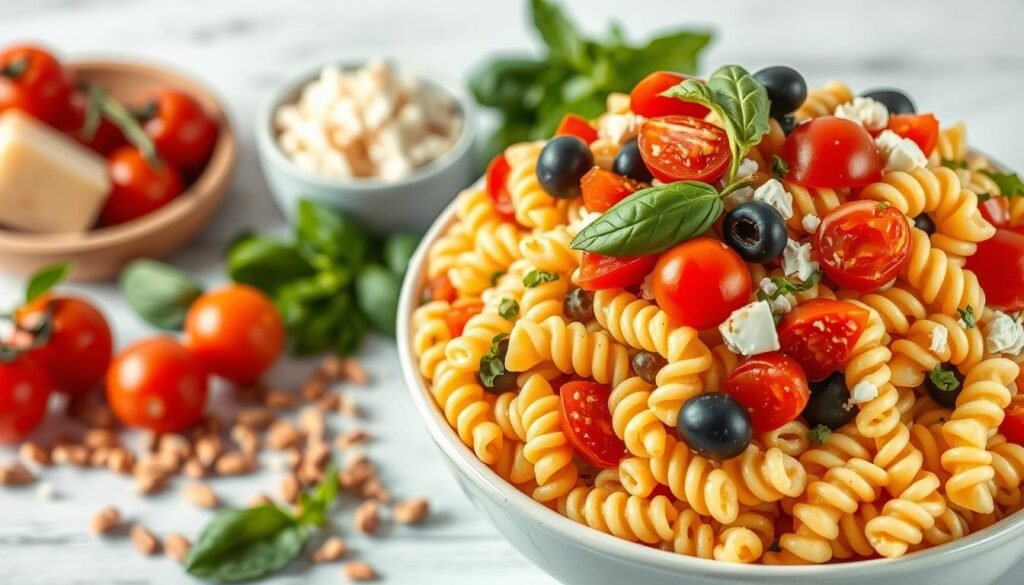 A delectable Italian pasta salad, photographed in a crisp, bright light with a shallow depth of field. The foreground features a serving bowl brimming with vibrant rotini pasta, cherry tomatoes, sliced olives, diced bell peppers, and fresh basil leaves, dressed in a glossy, tangy vinaigrette. The middle ground showcases additional ingredients like freshly grated Parmesan cheese, toasted pine nuts, and crumbled feta, artfully arranged around the bowl. The background is a clean, neutral setting, allowing the colors and textures of the salad to take center stage. The overall mood is one of fresh, Mediterranean-inspired flavors, perfect for a flavor-packed gathering.