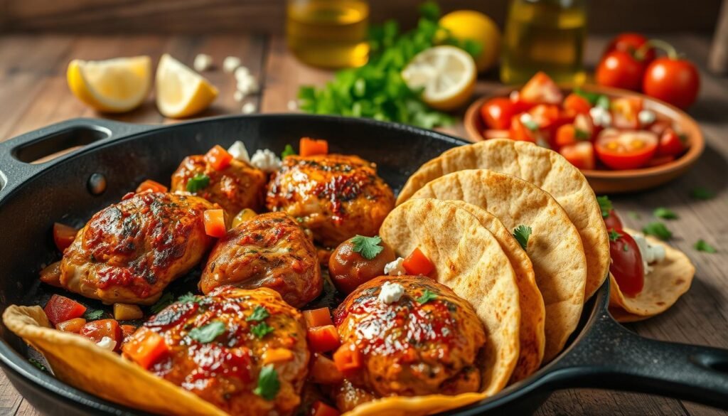 A delectable Mediterranean chicken dish, sizzling with spices, nestled in warm tortillas. In the foreground, juicy chicken thighs, marinated in a vibrant blend of garlic, paprika, cumin, and chili peppers, sear on a cast-iron skillet, casting a warm glow. In the middle ground, diced tomatoes, crumbled feta, and chopped parsley add fresh, punchy flavors. The background features a rustic wooden table, with a scattering of lemon wedges and a bottle of olive oil, evoking the sun-drenched flavors of the Mediterranean. Soft, natural lighting casts a cozy, inviting atmosphere, inviting the viewer to imagine the satisfying crunch of the tortilla and the bold, zesty notes of this spicy chicken taco creation.