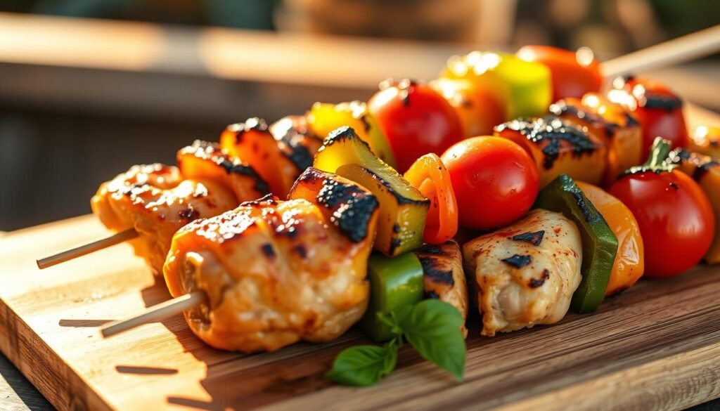 A delectable Mediterranean chicken kabob, skewered with juicy chicken thighs, vibrant bell peppers, and plump cherry tomatoes. The kabobs are grilled over an open flame, creating a mouthwatering char and caramelized edges. The lighting is warm and golden, casting a soft glow on the scene. The camera angle is slightly elevated, showcasing the perfect arrangement of the kabobs on a wooden cutting board. The background is blurred, putting the focus squarely on the star of the dish - the succulent, flavor-packed Mediterranean chicken skewers.