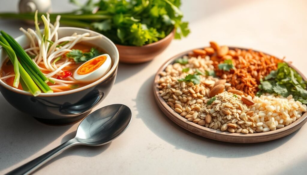 A delectable arrangement of Asian soup accompaniments, bathed in warm, natural lighting. In the foreground, a gleaming spoon and chopsticks rest beside a bowl filled with steaming broth, garnished with vibrant scallions, crisp bean sprouts, and a soft-boiled egg. In the middle ground, a platter showcases an assortment of flavorful toppings - toasted sesame seeds, slivered almonds, crunchy fried onions, and fragrant cilantro. The background features a minimalist, light-toned surface, allowing the vibrant colors and textures of the meal to take center stage. This balanced and visually appealing composition captures the essence of the perfect Asian soup experience.