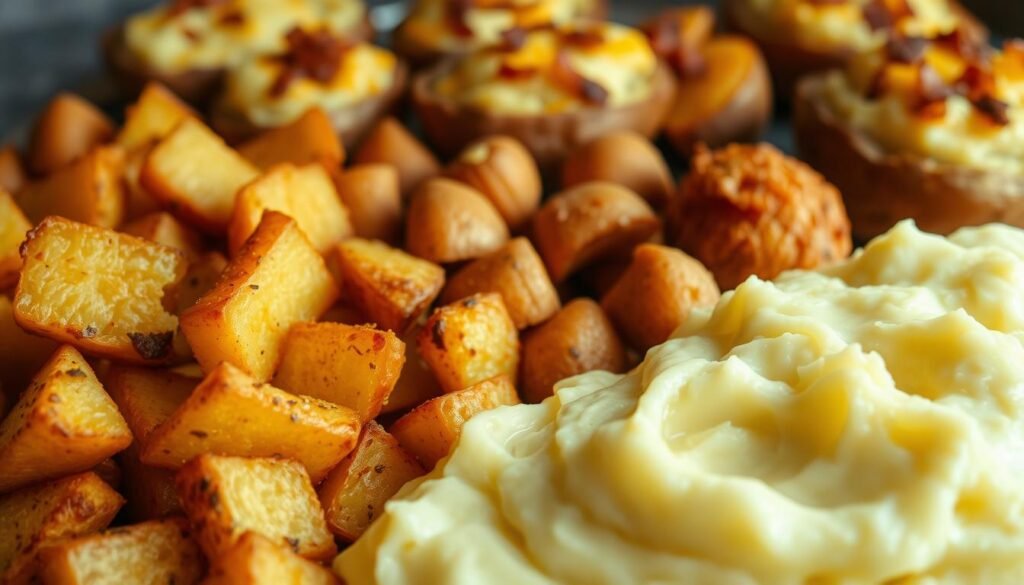 A delectable arrangement of creamy potato side dishes, meticulously crafted to perfection. In the foreground, a generous serving of buttery mashed potatoes, their velvety texture inviting the viewer to indulge. Surrounding them, roasted potato wedges with a golden-brown crust, their fluffy interiors begging to be savored. In the middle ground, a scattering of crispy, pan-fried potato croquettes, their crunchy exteriors concealing a soft, potato-y core. The background features a selection of twice-baked potatoes, their fluffy interiors topped with melted cheese and crispy bacon bits. Soft, diffused lighting bathes the scene, creating a warm and comforting atmosphere that perfectly complements the classic comfort food presented. Captured with a wide-angle lens to showcase the full bounty of these timeless potato side dishes.