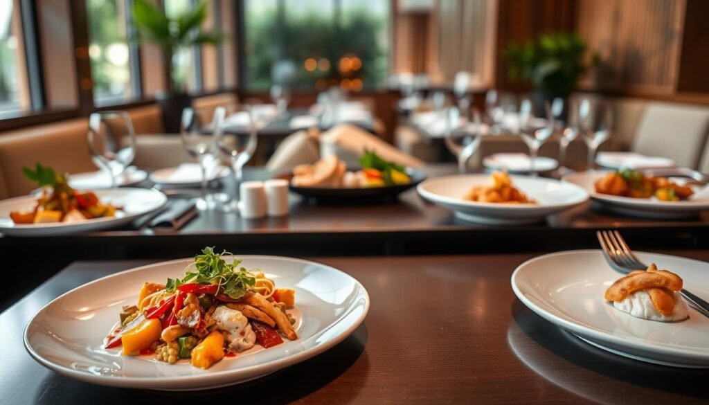 A delectable array of Asian-inspired fine dining recipes, artfully presented on sleek, minimalist plates. In the foreground, a beautifully plated dish showcases the vibrant colors and textures of expertly prepared ingredients - perhaps a fragrant Thai curry or a delicate sushi masterpiece. The middle ground features elegant table settings, with clean lines and subtle, warm lighting casting a cozy glow. In the background, a serene, zen-inspired setting, with natural wood accents and a touch of greenery, creating a calming, refined ambiance. The overall atmosphere exudes a sense of culinary excellence, where each element is thoughtfully crafted to elevate the dining experience.
