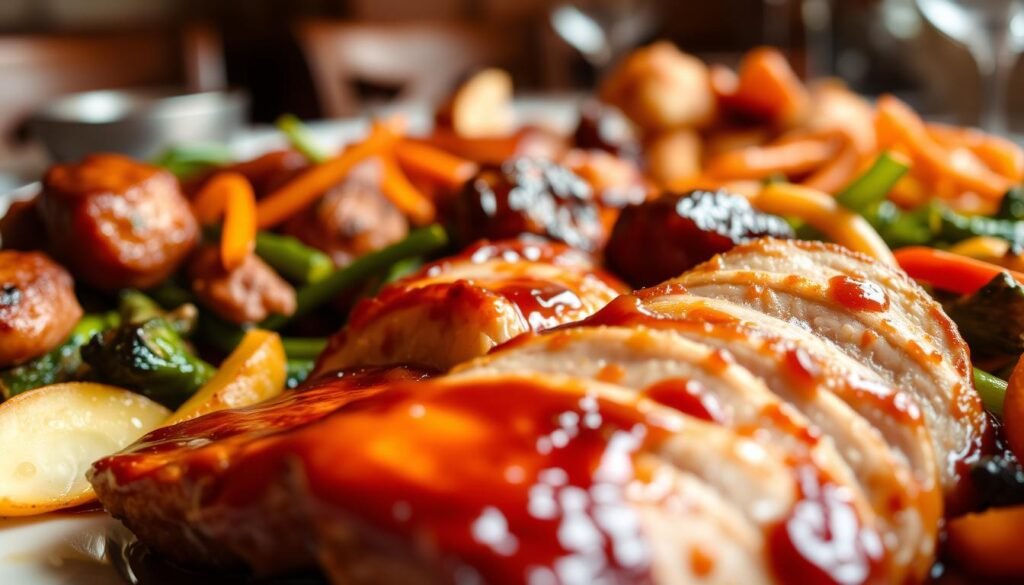 A delectable array of glazed pork dishes, artfully presented as the centerpiece of a sumptuous main course. In the foreground, succulent pork chops or tenderloin slices, their surfaces glistening with a caramelized glaze that effortlessly blends sweet and savory notes. Surrounding them, an assortment of vibrant, freshly sautéed vegetables, their colors and textures in perfect harmony. In the background, a softly blurred but elegantly appointed dining table, inviting the viewer to imagine themselves indulging in this quintessential pork-centric feast. The lighting, warm and inviting, casts a golden glow across the scene, heightening the appetizing allure of this classic pork main course.