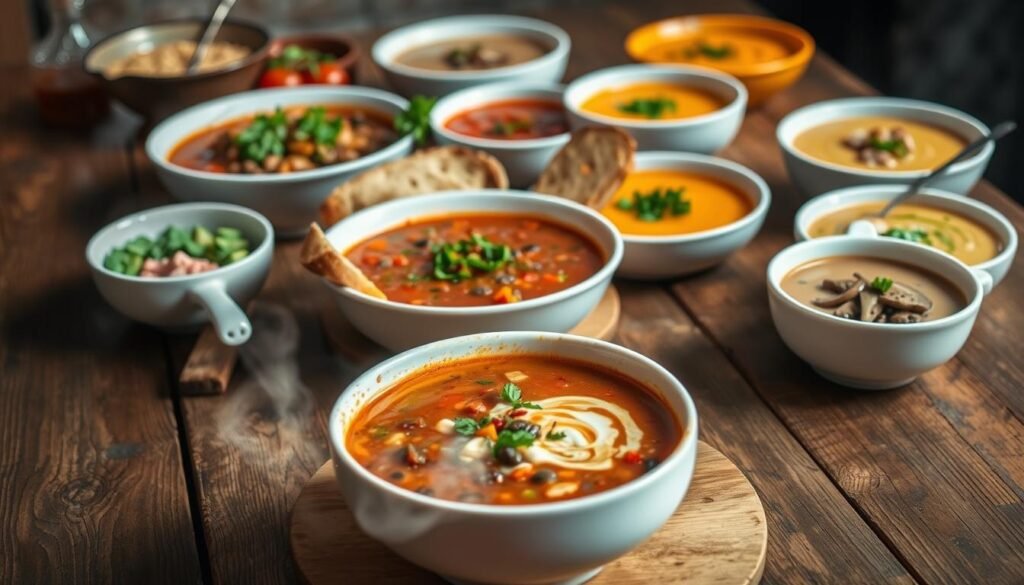 A delectable array of vegan soup recipes, beautifully presented on a rustic wooden table. In the foreground, a hearty lentil and vegetable soup steams invitingly, its vibrant colors and garnishes enticing the senses. In the middle ground, an aromatic creamy mushroom soup is served in elegant white bowls, complemented by freshly baked crusty bread. The background features an assortment of other vegan soup delights, such as a vibrant tomato and basil soup, a comforting butternut squash soup, and a zesty Thai-inspired coconut curry soup. The lighting is soft and warm, casting a cozy glow over the scene, and the camera angle is slightly elevated to showcase the tempting spread. The overall mood is one of inviting comfort and nourishment, perfectly capturing the essence of "Vegetarian and Vegan Soup Delights".