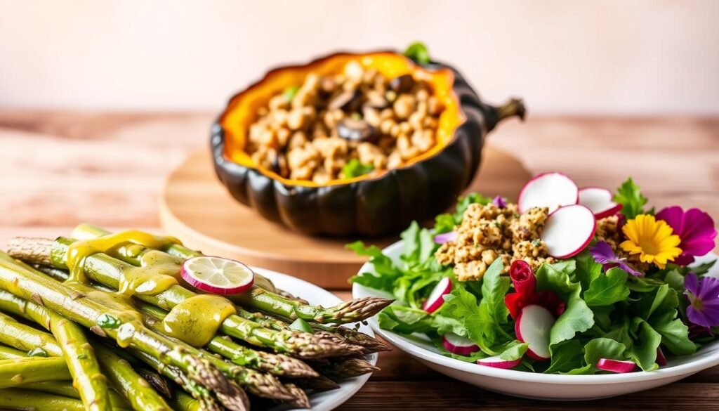 A delectable array of vegetarian Easter side dishes, artfully arranged against a soft, pastel-hued backdrop. In the foreground, a plate overflows with roasted asparagus spears, drizzled with a lemon-herb dressing. Beside it, a vibrant green salad of spring greens, radish slices, and edible flowers adds a refreshing pop of color. In the middle ground, a baked acorn squash, halved and stuffed with a savory quinoa-mushroom filling, takes center stage. The lighting is warm and natural, casting a gentle glow over the scene. In the background, a wooden table or rustic surface provides an earthy, organic setting. The overall mood is one of springtime abundance and elegant simplicity, perfectly capturing the essence of "Delectable Stuffed Vegetables" for an Easter feast.
