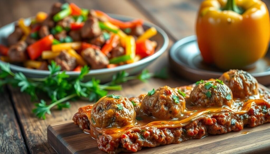 A delectable assortment of nutrient-rich ground beef dishes, artfully arranged on a rustic wooden table. In the foreground, a succulent meatball casserole with a golden-brown crust, garnished with fresh herbs. Alongside, a hearty beef and vegetable stir-fry, the beef seared to perfection, vibrant vegetables glistening. In the background, a wholesome beef and quinoa stuffed bell pepper, its vibrant colors contrasting against the natural wood. Soft, indirect lighting casts a warm, inviting glow, highlighting the appetizing textures and flavors. The overall scene conveys a sense of culinary expertise and a commitment to healthier, balanced meals.
