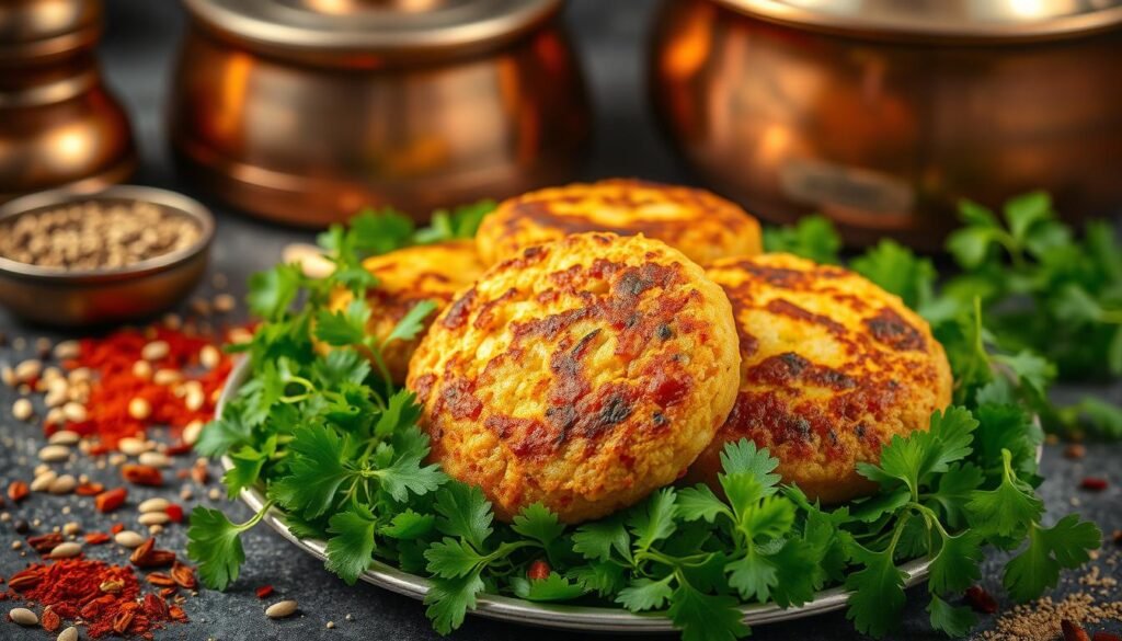 A delectable, authentic Indian aloo tikki dish, presented against a backdrop of traditional copper cookware and spices. The golden-fried patties are nestled atop a bed of fresh green coriander leaves, with a scattering of cumin seeds, coriander powder, and chili flakes for a vibrant, aromatic scene. Soft lighting from above casts a warm, inviting glow, highlighting the intricate textures and colors of this classic street food. The overall composition evokes the comforting familiarity and tantalizing flavors of a beloved Indian snack.