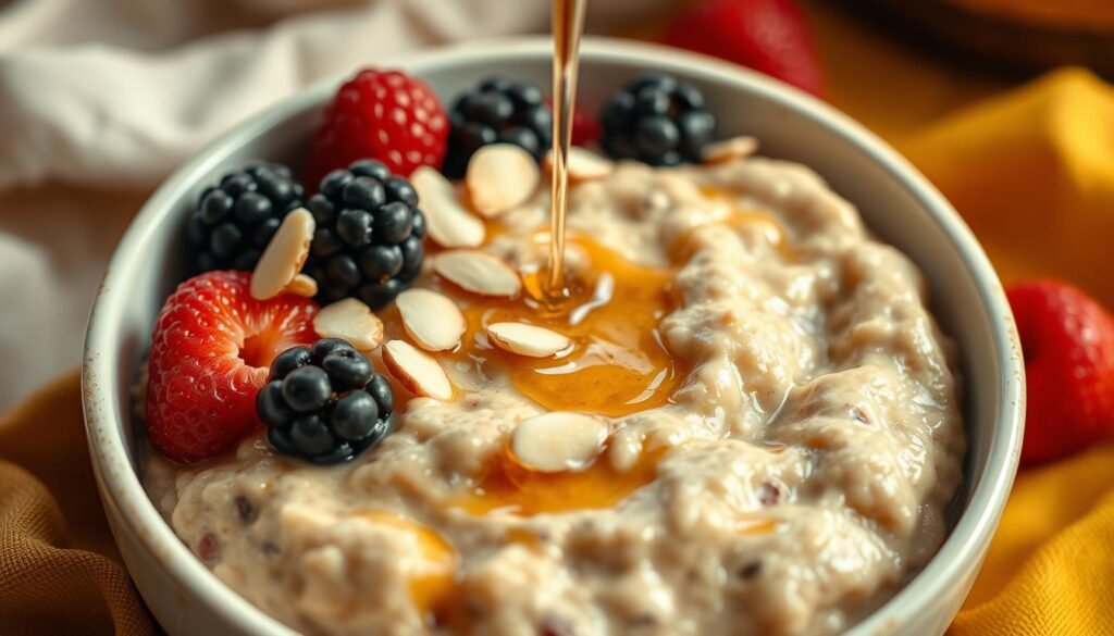 A delectable bowl of creamy overnight oatmeal, topped with a medley of fresh berries, sliced almonds, and a drizzle of honey. The oats have a soft, pillowy texture, glistening with the natural sweetness of the fruit. Warm hues of golden-brown and deep red create a cozy, inviting atmosphere, illuminated by soft, diffused lighting from above. The composition is artfully arranged, with the oatmeal taking center stage, surrounded by the vibrant toppings. The overall scene evokes a sense of healthy indulgence, perfectly capturing the essence of a nourishing, yet delightful breakfast.