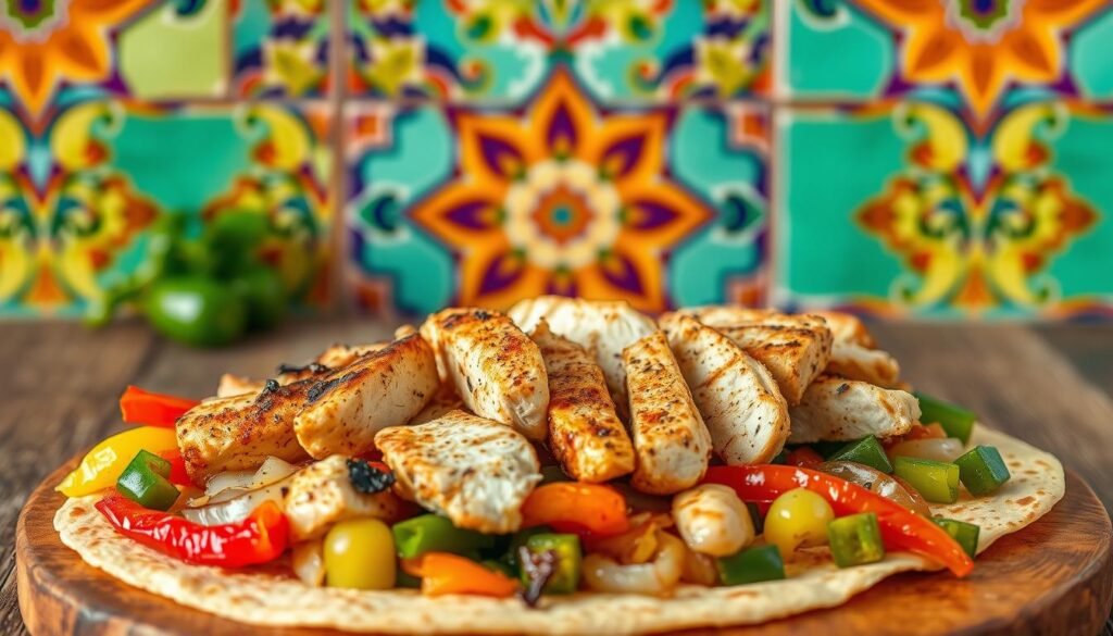 A delectable chicken fajitas recipe set against a vibrant background. In the foreground, tender slices of grilled chicken sizzle atop a bed of sautéed bell peppers and onions, seasoned to perfection with a blend of spices. The middle ground showcases warm tortillas, ready to be filled with the flavorful chicken mixture. In the background, a rustic wooden table provides a natural setting, complemented by a vibrant Mexican-inspired tile pattern. The image is captured with a warm, natural lighting, evoking a cozy, homemade atmosphere perfect for a quick and easy chicken supper.