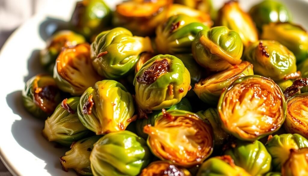 A delectable close-up of maple-glazed roasted Brussels sprouts, glistening with caramelized edges and a vibrant green hue. The sprouts are arranged in an elegant, asymmetrical composition, with a soft focus on the foreground and a blurred background, creating a sense of depth and emphasis on the dish. The lighting is warm and natural, casting gentle shadows and highlights that accentuate the sprouts' intricate textures. The overall mood is one of culinary sophistication and a unique twist on a classic Thanksgiving side dish.