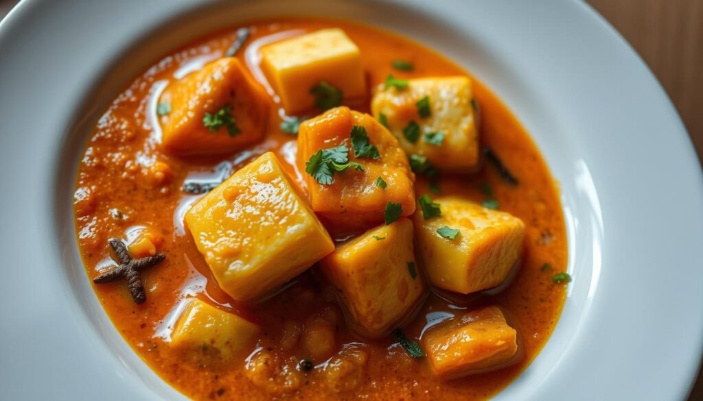 A delectable dish of paneer butter masala, a classic North Indian specialty, nestled in a richly spiced, creamy tomato-based sauce. The paneer, soft cubes of fresh Indian cottage cheese, glistens under the warm light, immersed in a vibrant orange hue. Gently swirling around the paneer are aromatic spices, including cardamom, cumin, and fragrant fenugreek, lending depth and complexity to the sauce. The scene is illuminated by a soft, diffused lighting, casting a cozy, inviting atmosphere. The dish is presented on a white porcelain plate, allowing the vibrant colors to pop. Complementary garnishes, such as a sprinkle of chopped cilantro, add a fresh, herbal note to the overall composition.