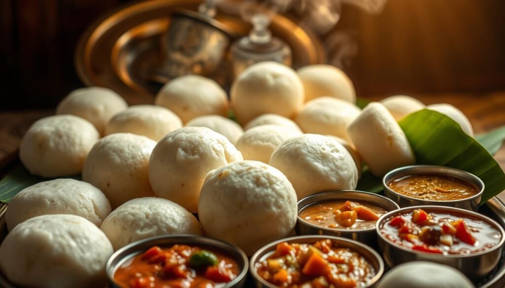 A delectable display of South Indian idli variations, artfully arranged against a backdrop of traditional brass plates and banana leaves. In the foreground, steaming idli of various shapes and sizes - round, square, and cylindrical - each with its own distinct texture and subtle flavor notes. Surrounding them, an array of vibrant chutneys and sambar, their colors mirroring the rich hues of the region. Soft, ambient lighting casts a warm glow, highlighting the intricate details of the hand-molded idli and the gleam of the brass. The overall scene evokes a sense of culinary heritage and regional pride, a visual feast for the senses.