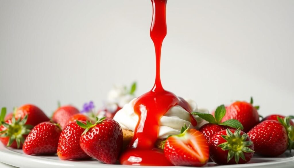 A delectable display of summer's sweetness. In the foreground, glistening strawberry sauce cascades over a decadent dessert, its vibrant crimson hue contrasting with the creamy white of whipped cream. Surrounding it, an array of fresh, ripe strawberries in varying shades of red, their plump forms illuminated by soft, natural lighting. In the middle ground, a scattering of edible flowers and mint leaves adds a touch of elegance. The background is a clean, minimalist setting, allowing the dessert to take center stage. The overall atmosphere is one of indulgence and celebration, capturing the essence of "Delectable Strawberry Sauces and Toppings."