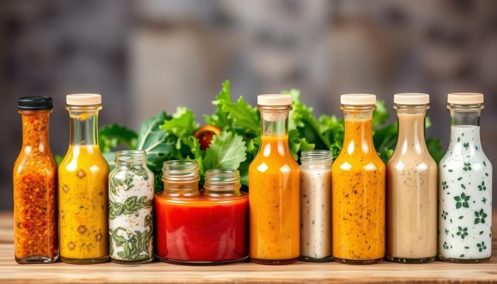 A delectable display of unique salad dressing recipes, meticulously crafted with vibrant colors and intriguing textures. In the foreground, an assortment of artisanal dressings are elegantly presented in a row, each one a captivating blend of flavors, from a zesty citrus vinaigrette to a creamy herbed yogurt dressing. The middle ground showcases fresh, crisp greens, complementing the dressings and creating a harmonious visual balance. The background features a soft, blurred backdrop, allowing the dressings to take center stage. The lighting is soft and warm, casting a delicate glow on the scene, evoking a sense of culinary sophistication and gourmet indulgence.