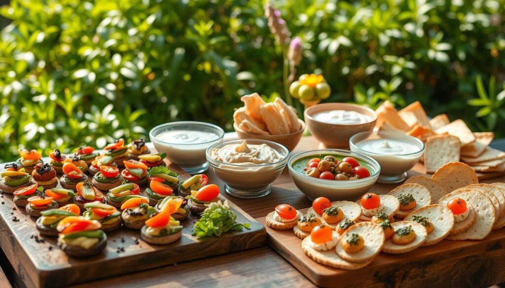 A delectable display of vegetarian finger foods artfully arranged on a rustic wooden table, bathed in warm, natural lighting. In the foreground, an assortment of bite-sized morsels, including crisp vegetable crudités, savory stuffed mushrooms, creamy avocado toasts, and vibrant cherry tomato canapés. The middle ground features elegantly plated hummus, tzatziki, and pesto dips, accompanied by an array of fresh pita triangles and crunchy crackers. In the background, a lush greenery backdrop, creating a serene, garden-party atmosphere, inviting guests to indulge in these wholesome, plant-based delights.