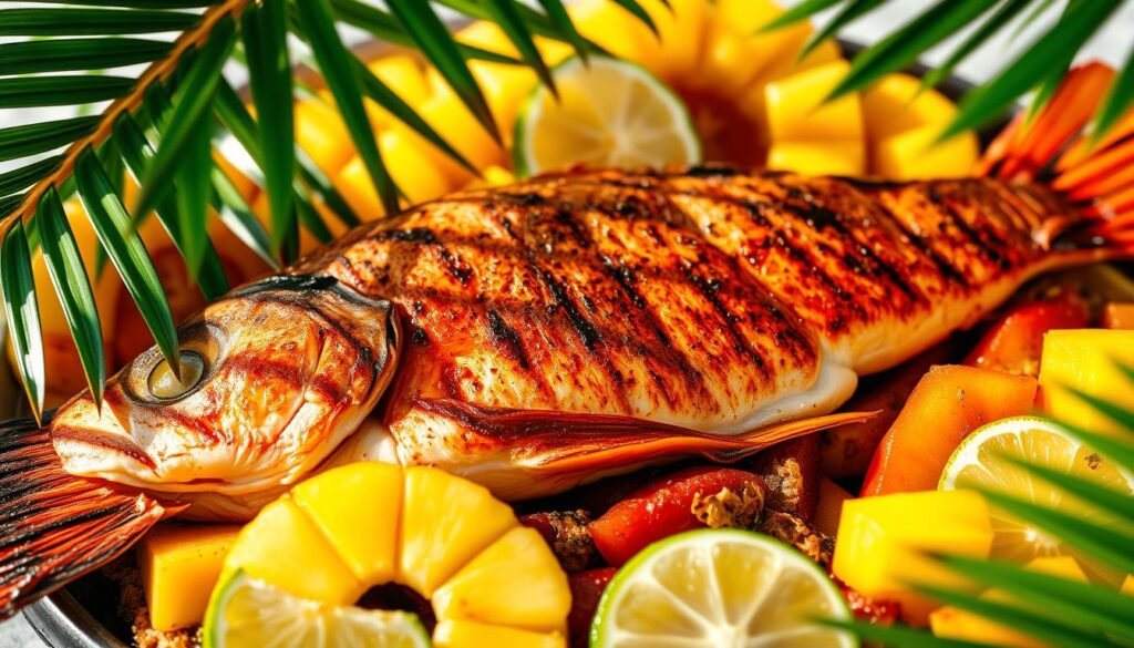 A delectable grilled red snapper fillet resting atop a bed of aromatic Caribbean spices and tropical fruits. The sizzling fish glistens under the warm, natural light, its crispy skin contrasting with the tender, flaky white flesh. Vibrant slices of ripe mango, pineapple, and lime wedges surround the seafood centerpiece, adding a burst of juicy sweetness and zesty tang. The composition is framed by lush, verdant palm leaves, evoking the lush, sun-drenched ambiance of a Caribbean coastal kitchen. The overall image radiates the authentic flavors and vibrant colors of traditional Caribbean cuisine.