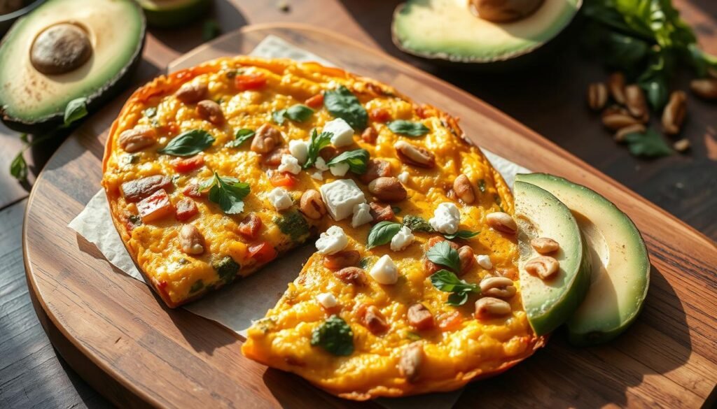A delectable high-protein breakfast featuring a golden-brown frittata, filled with sautéed vegetables, crumbled feta, and fresh herbs. The frittata is presented on a rustic wooden board, accompanied by a side of juicy sliced avocado and a sprinkle of toasted nuts for added crunch. The scene is bathed in warm, natural lighting, highlighting the vibrant colors and textures of the dish. The overall atmosphere exudes a sense of simplicity, nourishment, and wholesome goodness, perfectly capturing the essence of a protein-rich, easy-to-prepare breakfast.