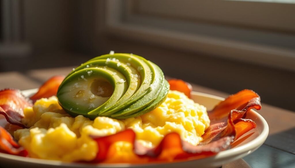 A delectable keto breakfast scene featuring a plate of sliced avocado, garnished with a sprinkle of sea salt and a drizzle of olive oil. The avocado sits atop a bed of fluffy, golden scrambled eggs, their creamy texture contrasting with the crisp, salty bacon strips arranged around the edges. Sunlight filters in through a nearby window, casting a warm, natural glow across the scene. The composition is well-balanced, with the plate positioned centrally and the background blurred, allowing the hero ingredients to take center stage. The overall mood is one of simplicity, health, and satisfying sustenance, perfectly capturing the essence of a quick and easy keto breakfast.