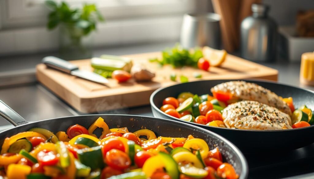 A delectable one-pan lunch scene set in a cozy, bright kitchen. In the foreground, a sizzling skillet showcases a savory medley of sautéed vegetables - crisp bell peppers, tender zucchini, and juicy cherry tomatoes, all glistening with a light drizzle of olive oil. The middle ground features a freshly cooked protein, perhaps a succulent chicken breast or flaky white fish, accompanied by a fragrant array of herbs and spices. In the background, a wooden cutting board displays the prep work, with a knife, fresh greens, and a lemon wedge, hinting at the flavors to come. The scene is illuminated by warm, natural lighting, conveying a sense of effortless efficiency and appetizing appeal.
