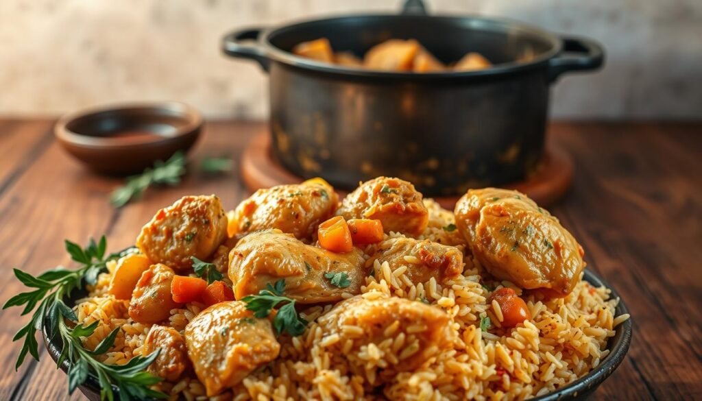 A delectable one-pot chicken dinner, simmering with aromatic herbs and spices, set against a rustic wooden table. In the foreground, a hearty serving of savory chicken, vegetables, and fragrant rice, illuminated by warm, golden lighting. In the middle ground, a cast-iron pot, its contents bubbling with the promise of deep, comforting flavors. The background features a neutral, textured wall, capturing the homey, cozy atmosphere. The overall scene evokes a sense of effortless, wholesome nourishment, perfect for a family-style meal.