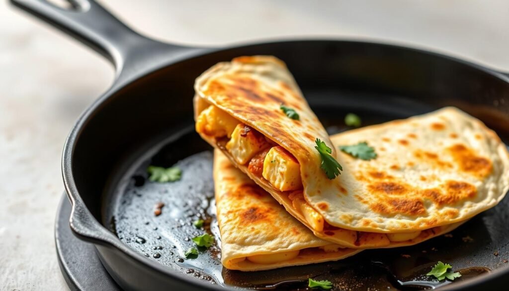 A delectable paneer quesadilla sizzles on a cast-iron skillet, its golden-brown exterior revealing the melted cheese and spiced paneer filling within. Soft tortilla wraps hug the flavorful paneer cubes, accented with aromatic spices and fresh cilantro. The quesadilla is lit from the side, casting warm, inviting shadows that highlight its crisp, tempting texture. A light, airy background suggests a casual, family-friendly setting, perfect for a kid-friendly paneer dish. Vibrant colors, clean lines, and a balanced composition create an appetizing, mouth-watering image that showcases the fusion of Indian and Mexican cuisines.