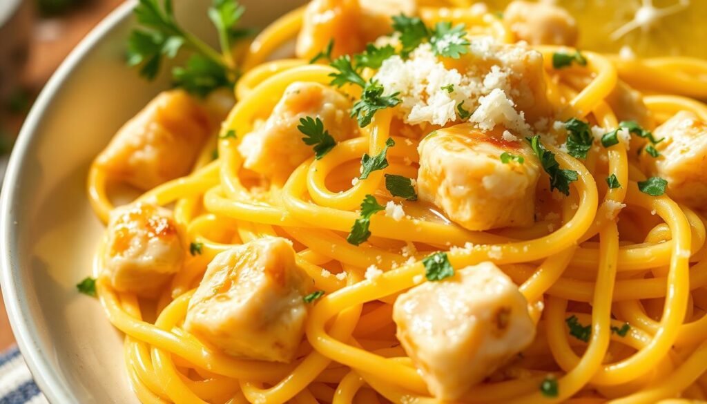 A delectable plate of fresh lemon garlic pasta, the noodles glistening in the warm, golden light. Vibrant lemon zest and minced garlic create a tantalizing aroma, complemented by the rich, creamy sauce that coats each strand. Tender chunks of chicken or shrimp nestled among the pasta, adding a satisfying protein element. Garnished with fragrant, freshly chopped parsley and a sprinkle of shredded Parmesan cheese, the dish exudes an inviting, rustic charm. Shot from a low angle, the pasta appears irresistibly appetizing, drawing the viewer in with its mouthwatering allure. The overall composition conveys a sense of simple, homemade elegance, perfect for an easy, flavor-packed lunch.