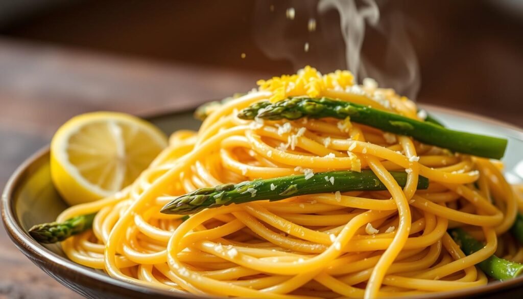 A delectable plate of spaghetti, perfectly al dente, adorned with vibrant spears of tender asparagus, glistening with a tantalizing lemon-garlic glaze. The pasta strands intertwine gracefully, evoking a sense of rustic elegance. Bright lemon zest adds a pop of color, while the fragrant garlic infuses the entire dish with a savory allure. Mouthwatering steam rises from the plate, hinting at the satisfying texture and flavors that await. Captured in warm, natural lighting, this harmonious blend of ingredients showcases the beauty and simplicity of a vegetarian pasta masterpiece.