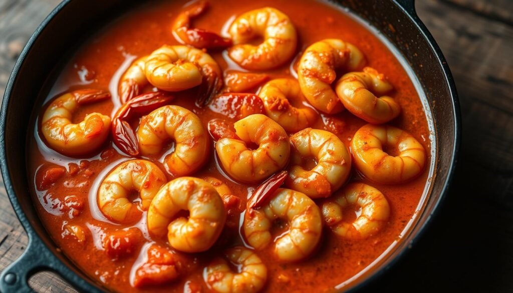 A delectable spicy shrimp sauce simmering in a cast-iron skillet, bathed in a vibrant orange-red hue from a blend of fiery chilies, aromatic spices, and zesty citrus. Plump, juicy shrimp tangled in a silky, glossy sauce that clings to each morsel, emanating a tantalizing aroma of garlic, ginger, and warm Caribbean spices. The skillet rests atop a rustic, wooden surface, casting alluring shadows that hint at the depth of flavor within. Soft, diffused lighting illuminates the sauce, creating a mouthwatering, appetizing scene that beckons the senses and inspires culinary exploration.