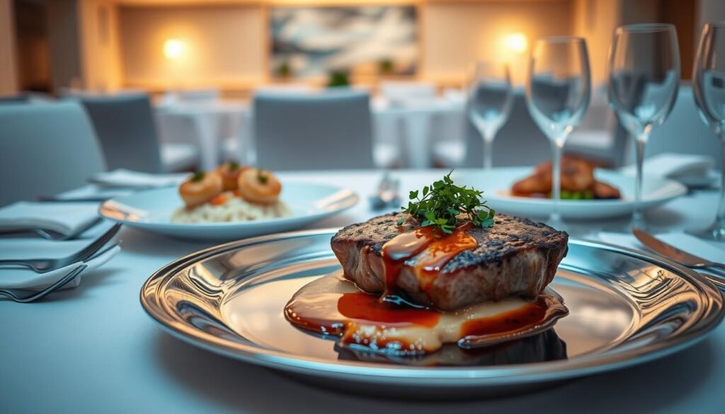 A delectable spread of fine dining main course recipes presented on an elegant table setting. In the foreground, a gleaming silver serving platter showcases a perfectly seared steak, drizzled with a rich, velvety sauce and garnished with fresh herbs. To the side, a delicate seafood dish features pan-seared scallops nestled atop a bed of creamy risotto, accented by vibrant microgreens. In the middle ground, an artfully arranged plate displays a meticulously plated chicken dish, the skin glistening golden under soft, warm lighting. The background depicts a refined, minimalist dining room setting, with crisp white linens, sleek tableware, and a subtle, ambient glow emanating from overhead fixtures, creating a sophisticated and inviting atmosphere.