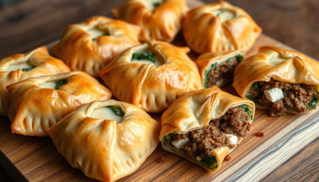 A delectable spread of freshly baked, golden-brown spanakopita and meat pies, arranged artfully on a rustic wooden table. The flaky, buttery phyllo dough casings encase a savory, aromatic filling of spinach, feta, and tender ground meat, complemented by the warm, earthy tones of the natural wood surface. Soft, diffused lighting casts a inviting glow, highlighting the intricate, layered textures and the tantalizing shimmer of the phyllo. The overall scene exudes a comforting, classic Mediterranean atmosphere, perfectly capturing the essence of timeless, homemade phyllo dough appetizers.