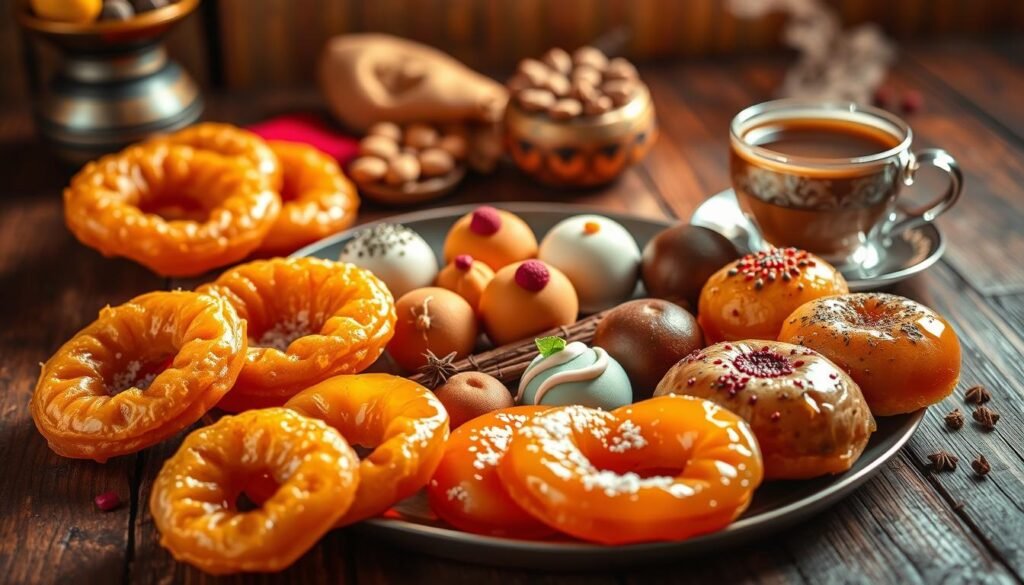 A delectable spread of traditional Indian sweets, artfully arranged on a rustic wooden table. Vibrant colors and intricate designs pop against the warm, soft lighting, creating a cozy, inviting atmosphere. In the foreground, golden jalebis and gulab jamuns glisten, their syrupy sweetness beckoning. In the middle, colorful ladoos and barfis are nestled between fragrant spices and herbs. In the background, a steaming cup of aromatic chai completes the scene, creating the perfect pairing for this tantalizing selection of mouthwatering Indian snacks.