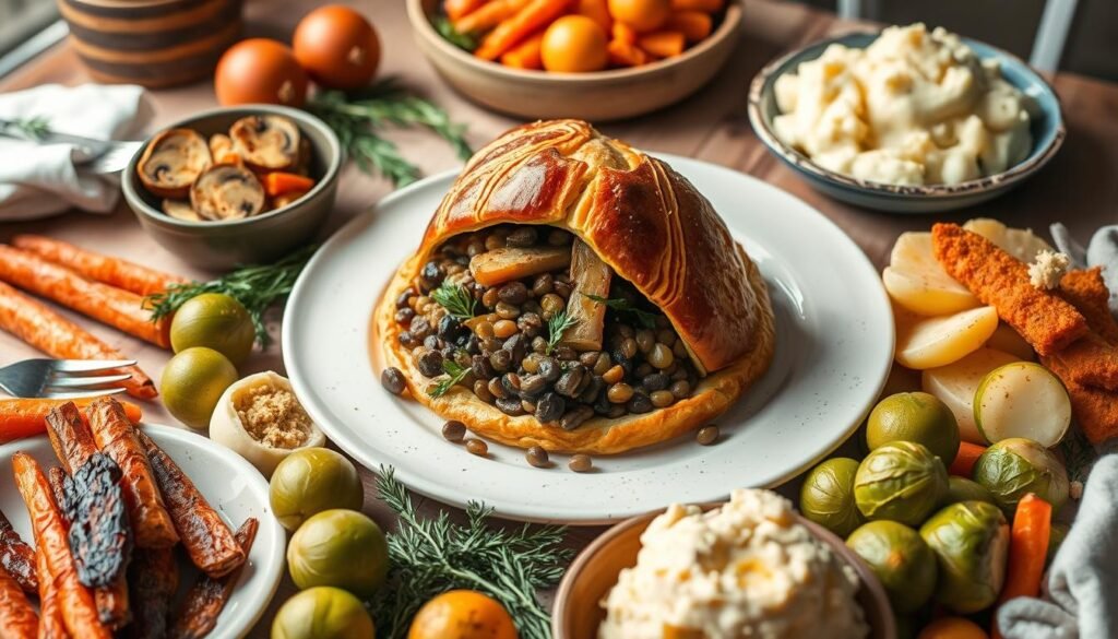 A delectable vegan Easter dinner spread, featuring a stunning centerpiece dish of roasted vegetable Wellington, surrounded by a vibrant selection of plant-based protein options. The Wellington's flaky pastry crust envelops a savory blend of sautéed mushrooms, lentils, and aromatic herbs, while crisp-roasted Brussels sprouts, glazed carrots, and creamy mashed potatoes adorn the scene. Soft, indirect lighting casts a warm, inviting glow, accentuating the vibrant colors and textures of this mouthwatering, meat-free main course. A rustic, farmhouse-inspired setting, with wooden accents and linen napkins, completes the inviting, Easter-themed atmosphere. A delectable vegan Easter dinner spread, featuring a stunning centerpiece dish of roasted vegetable Wellington, surrounded by a vibrant selection of plant-based protein options. The Wellington's flaky pastry crust envelops a savory blend of sautéed mushrooms, lentils, and aromatic herbs, while crisp-roasted Brussels sprouts, glazed carrots, and creamy mashed potatoes adorn the scene. Soft, indirect lighting casts a warm, inviting glow, accentuating the vibrant colors and textures of this mouthwatering, meat-free main course. A rustic, farmhouse-inspired setting, with wooden accents and linen napkins, completes the inviting, Easter-themed atmosphere.