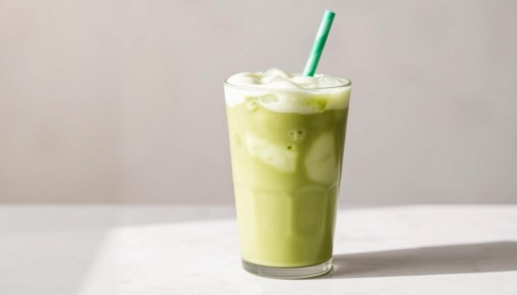 A delicate iced matcha green tea beverage, presented in a clear glass cup with a straw. The vibrant green hue of the tea is complemented by a layer of creamy milk foam on top, creating a visually appealing and refreshing contrast. The cup is set against a soft, blurred background, allowing the drink to be the focal point. Subtle natural lighting casts a gentle glow, enhancing the drink's alluring appearance. The overall scene conveys a sense of calm, health-conscious indulgence, perfectly suited for a section on healthier Starbucks drink options.