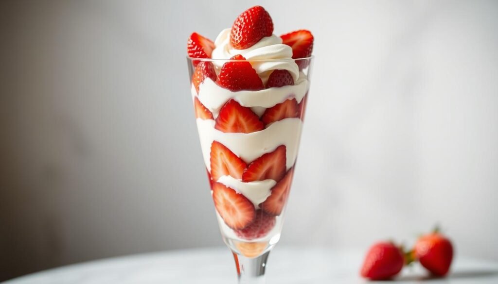 A delicate layered strawberry parfait stands tall, its vibrant red fruit nestled between billowy whipped cream and delicate vanilla custard. The parfait is presented in a tall, slender glass, casting a soft, inviting glow from the gentle lighting above. The image is captured from a slightly elevated angle, highlighting the delicate layers and the perfect contrast between the sweet, juicy strawberries and the creamy, indulgent fillings. The overall mood is one of summer's sweetness, with a serene, elegant atmosphere that invites the viewer to savor every spoonful.