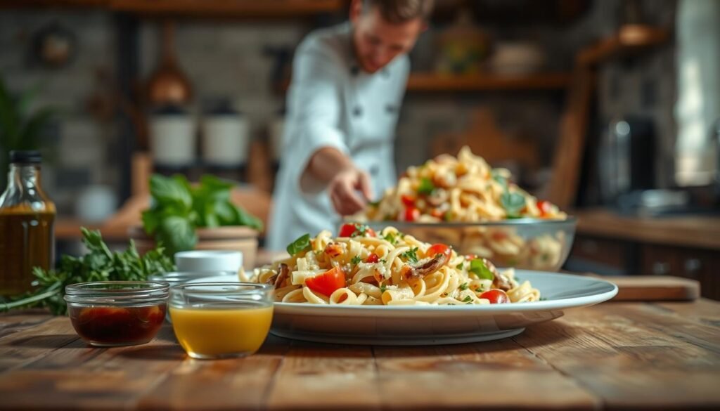 A delicate pasta salad in a rustic kitchen setting, with a wooden table in the foreground showcasing various dressing ingredients. In the middle ground, a chef's hands carefully mixing the salad, creating a harmonious blend of textures and flavors. The background features a warm, natural lighting that casts a soft glow, evoking a cozy, inviting atmosphere. The image captures the essence of preparing a flavorful pasta salad, highlighting the importance of the dressing in elevating the dish.
