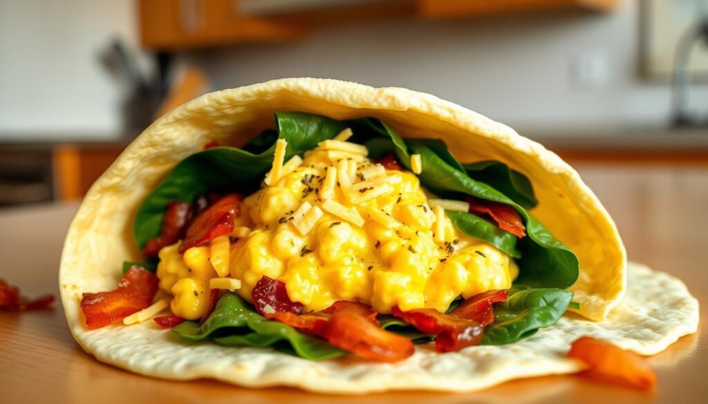 A deliciously tempting keto breakfast wrap, freshly prepared with a soft, low-carb tortilla shell. In the foreground, a generous dollop of creamy scrambled eggs, seasoned with a hint of garlic and herbs, nestled atop a bed of crisp, vibrant spinach leaves. Scattered around the wrap, thin slices of juicy, salty bacon add a delightful crunch and savory flavor. In the middle ground, a sprinkle of shredded cheddar cheese melts into the warm filling, binding the ingredients together. The background features a clean, minimalist kitchen counter, illuminated by soft, natural lighting that casts a warm, inviting glow on the appetizing keto breakfast wrap.