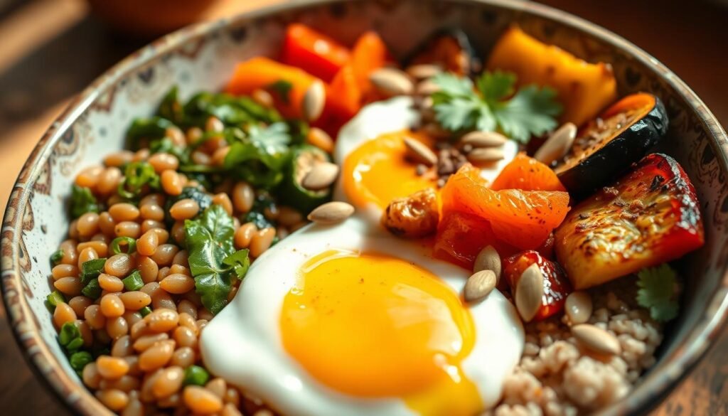 A delightful arrangement of a nutrient-packed Indian vegetarian breakfast bowl, bathed in warm, natural lighting and captured with a wide-angle lens to showcase its vibrant colors and textures. In the foreground, a colorful medley of steamed lentils, sautéed greens, and roasted vegetables, including carrots, bell peppers, and zucchini. The middle ground features a runny-yolked soft-boiled egg, and a drizzle of fragrant spiced yogurt. In the background, a scattering of toasted pumpkin seeds and a sprinkling of fresh cilantro add both flavor and visual interest. The overall scene radiates a sense of wholesome nourishment and culinary delight.