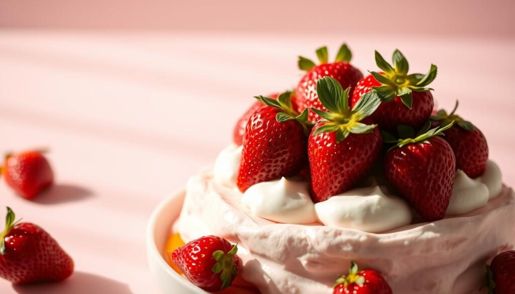 A delightful arrangement of fresh, juicy strawberries nestled atop a creamy no-bake dessert, set against a soft, pastel-colored background. The berries, glistening with a hint of glaze, are complemented by dollops of whipped cream or a silky strawberry mousse, creating a visually appealing and effortlessly elegant presentation. The scene is bathed in warm, natural lighting, casting gentle shadows and highlighting the vibrant colors of the strawberries. The composition is balanced, with the dessert taking center stage, surrounded by a minimalist, airy setting that accentuates its simplicity and summertime charm.