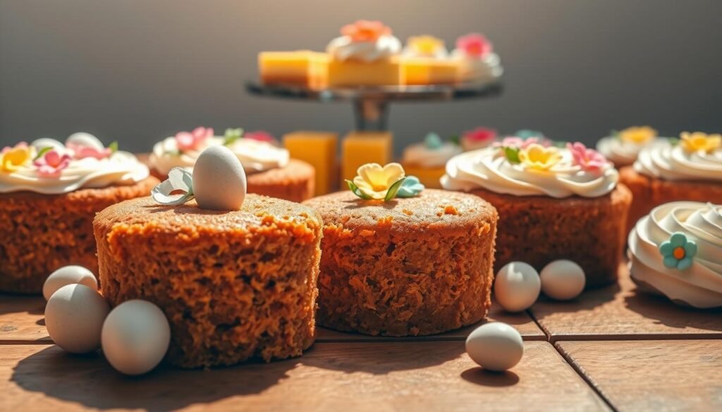 A delightful arrangement of freshly baked carrot cakes, adorned with vibrant spring flowers and intricate piped icing designs. The cakes are arranged on a rustic wooden table, bathed in warm, natural lighting that casts gentle shadows. The foreground showcases the textured surface of the cakes, with shredded carrots peeking through the moist, golden crumb. Decorative Easter eggs in pastel hues and delicate sugar flowers add a touch of whimsy, complementing the classic flavor profile. The middle ground features a selection of complementary desserts, such as lemon bars and mini cheesecakes, creating a harmonious Easter-themed display. The background softly fades into a neutral, airy atmosphere, allowing the desserts to take center stage.