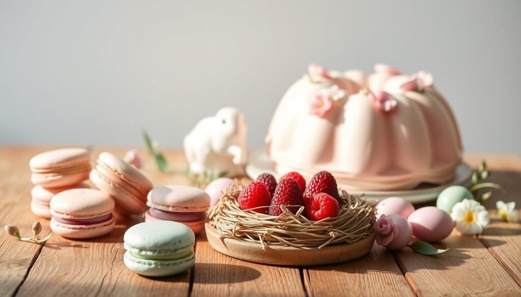 A delightful arrangement of pastel-hued Easter desserts sits atop a rustic wooden table, bathed in soft, natural lighting. In the foreground, a mouthwatering assortment of macarons in delicate shades of pink, lavender, and mint green. In the middle ground, a fluffy, cloud-like meringue nest cradles vibrant, juicy berries, while a pastel-striped bundt cake adorned with edible flowers anchors the scene. The background features a simple, airy backdrop, allowing the desserts to take center stage and evoke the joyful, rejuvenating essence of springtime.
