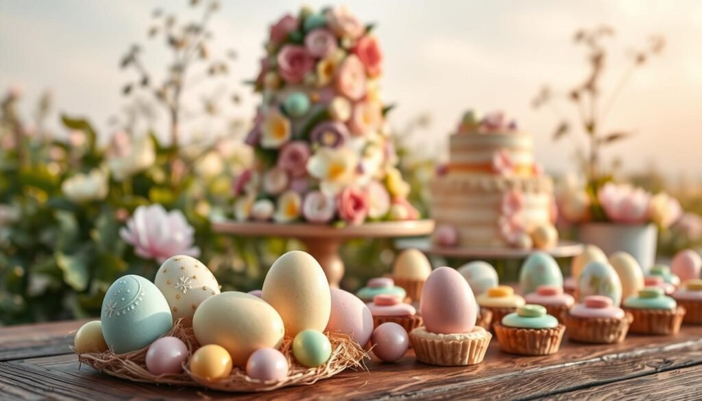 A delightful arrangement of unique Easter desserts on a rustic wooden table, bathed in warm, golden lighting. In the foreground, intricately decorated Easter eggs sit atop a bed of delicate pastel-colored macarons. Surrounding them, an assortment of miniature tarts and petits fours in vibrant spring hues, their surfaces glossy and inviting. In the middle ground, a towering layer cake adorned with intricate sugar flowers and ribbons of buttercream, evoking the essence of a garden in bloom. In the background, a softly blurred backdrop of verdant foliage and a pale blue sky, enhancing the sense of springtime celebration. The overall scene exudes a whimsical, enchanting atmosphere, perfectly capturing the spirit of Easter and the joy of indulging in unique, egg-inspired desserts.