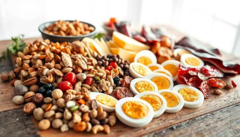 A delightful arrangement of various protein-rich snacks, beautifully presented on a rustic wooden surface. In the foreground, an assortment of nuts, seeds, and dried fruits, artfully displayed. In the middle ground, a selection of hard-boiled eggs, sliced cheese, and jerky, all neatly organized. The background features a clean, minimalist setting, with natural lighting filtering in, creating a warm and inviting atmosphere. The overall composition conveys a sense of balance, nutrition, and convenience, perfectly capturing the essence of protein-packed snack recipes. A delightful arrangement of various protein-rich snacks, beautifully presented on a rustic wooden surface. In the foreground, an assortment of nuts, seeds, and dried fruits, artfully displayed. In the middle ground, a selection of hard-boiled eggs, sliced cheese, and jerky, all neatly organized. The background features a clean, minimalist setting, with natural lighting filtering in, creating a warm and inviting atmosphere. The overall composition conveys a sense of balance, nutrition, and convenience, perfectly capturing the essence of protein-packed snack recipes.