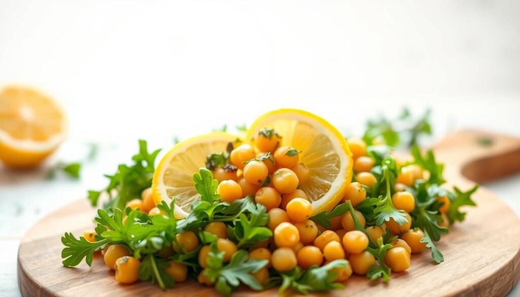 A delightful chickpea lemon salad set against a bright, airy backdrop. In the foreground, vibrant chickpeas and fresh lemon slices are tossed with crisp greens, a drizzle of golden olive oil, and a sprinkle of fragrant herbs. The middle ground features a wooden board or tabletop, lending a rustic, summery feel. Soft, diffused lighting illuminates the scene, creating a warm, inviting atmosphere. The overall composition is clean, balanced, and visually appetizing, perfectly capturing the essence of a refreshing vegetarian summer salad.