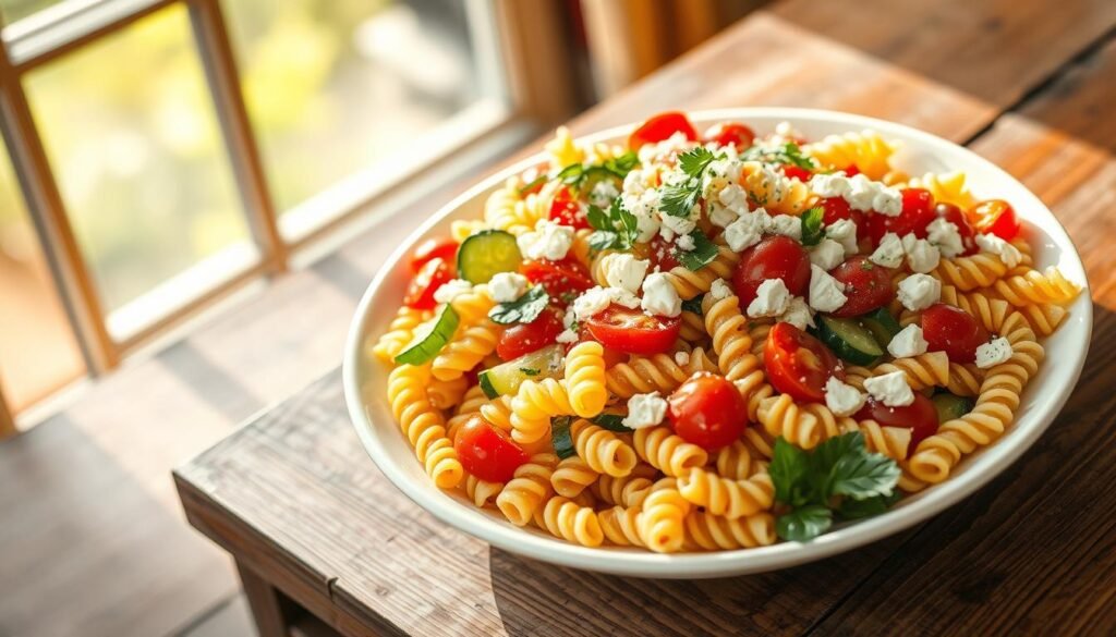 A delightful cold pasta salad sits on a rustic wooden table, sunlight filtering through a window casting a warm glow. Vibrant tri-color spiral pasta, fresh vegetables like cherry tomatoes, cucumber, and bell peppers, all tossed in a creamy, herb-infused dressing. The salad is garnished with crumbled feta cheese and a sprinkling of chopped parsley, creating a visually appealing and appetizing presentation. The scene evokes a sense of effortless, summer-inspired entertaining, perfect for the "Preparing Your Pasta Salad" section of the article.