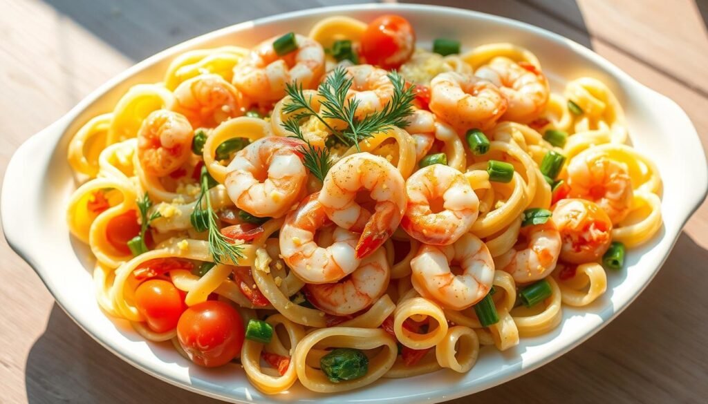 A delightful cold pasta salad with plump shrimp nestled among curled strands of al dente pasta, vibrant vegetables, and a tangy, creamy dressing. The salad is arranged artfully on a white ceramic serving dish, with a fresh sprig of dill and a sprinkle of lemon zest adding a touch of elegance. The lighting is soft and natural, casting a warm glow on the scene and highlighting the vibrant colors of the ingredients. The camera angle is slightly elevated, giving a birds-eye view of the appetizing dish, ready to be enjoyed on a sunny afternoon or as a refreshing side for a summer gathering.